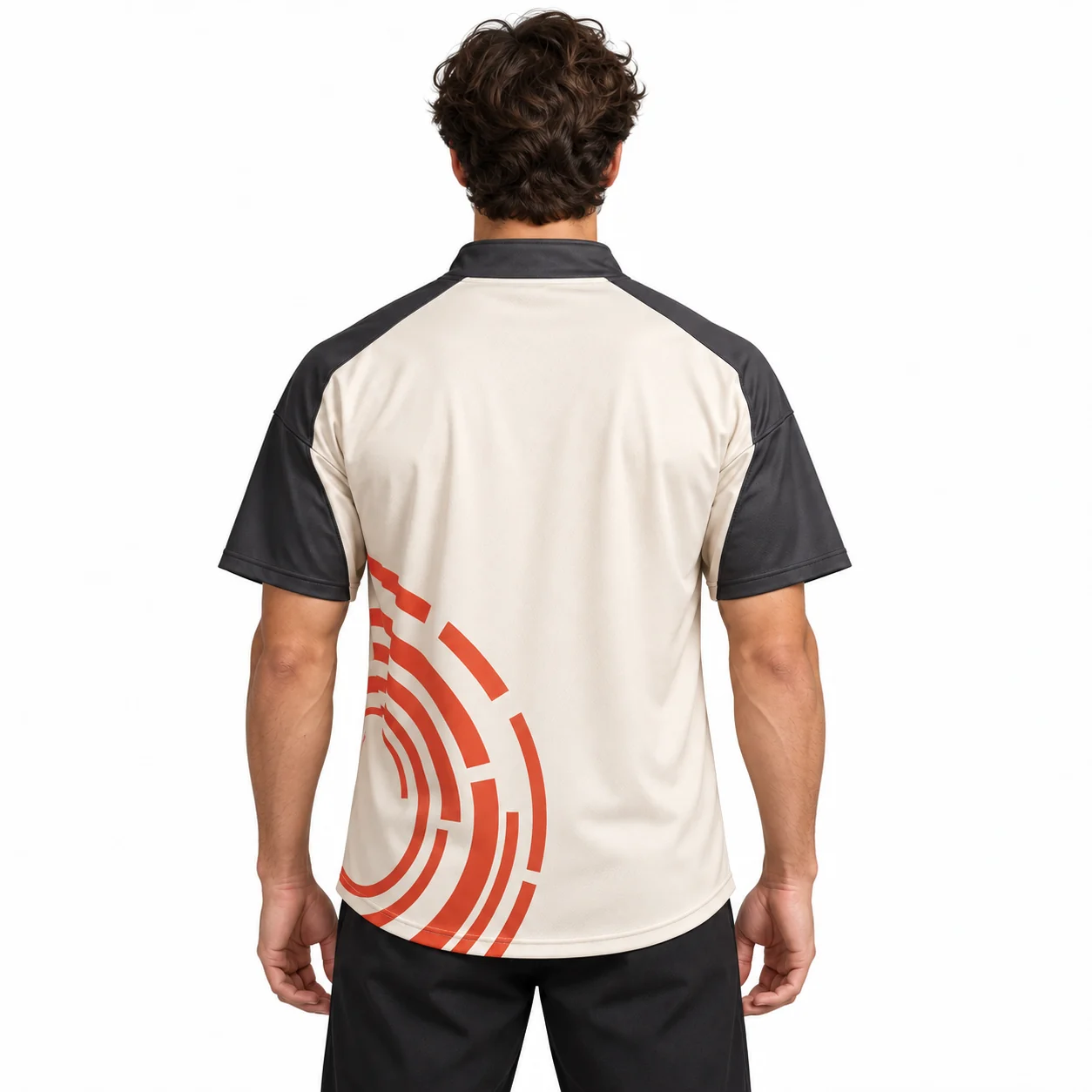 Esports Relay Quarter-Zip Jersey back design view showing bone torso, charcoal dropped-shoulder panels and terracotta lower-right graphics