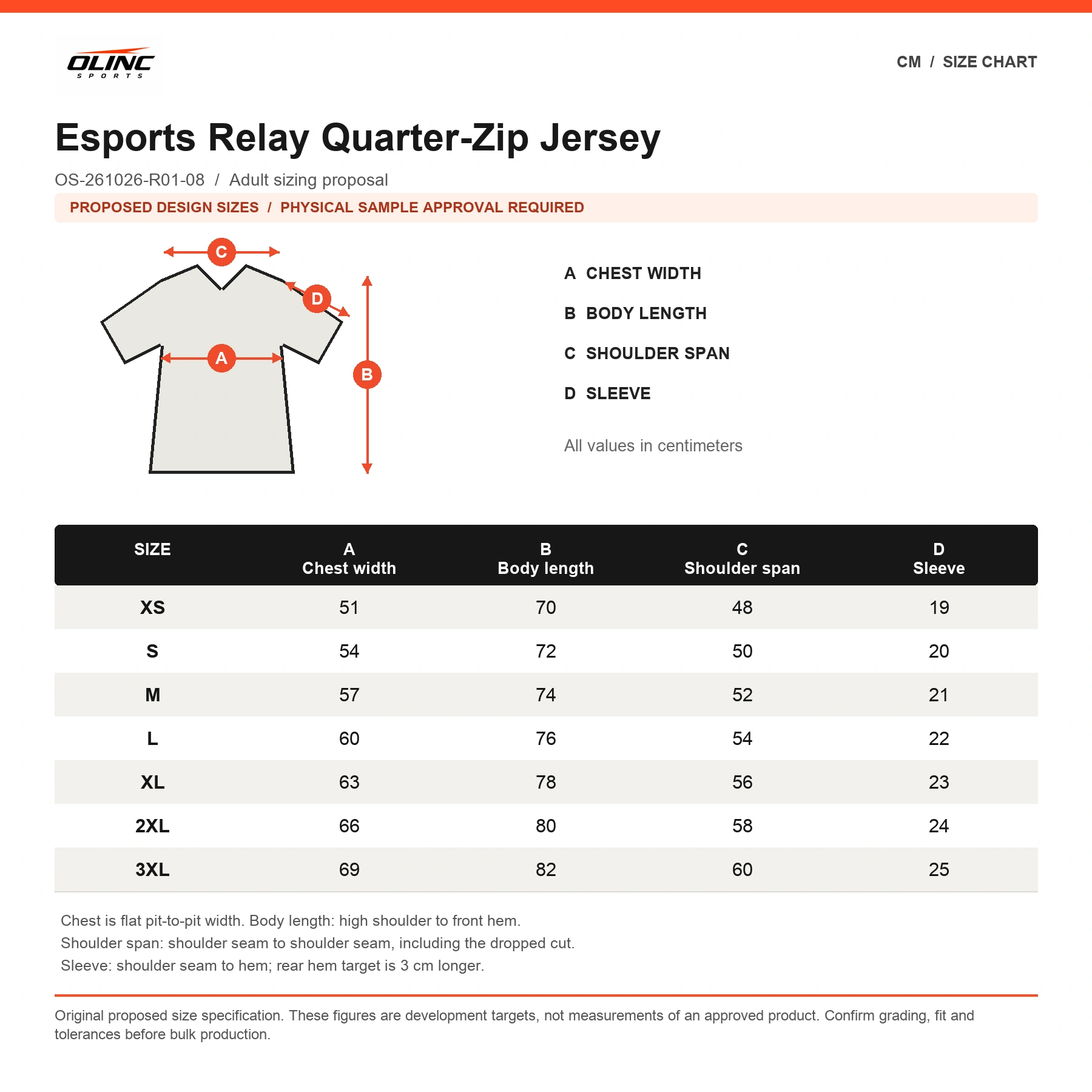 Esports Relay Quarter-Zip Jersey proposed numeric size chart in centimeters requiring physical sample approval