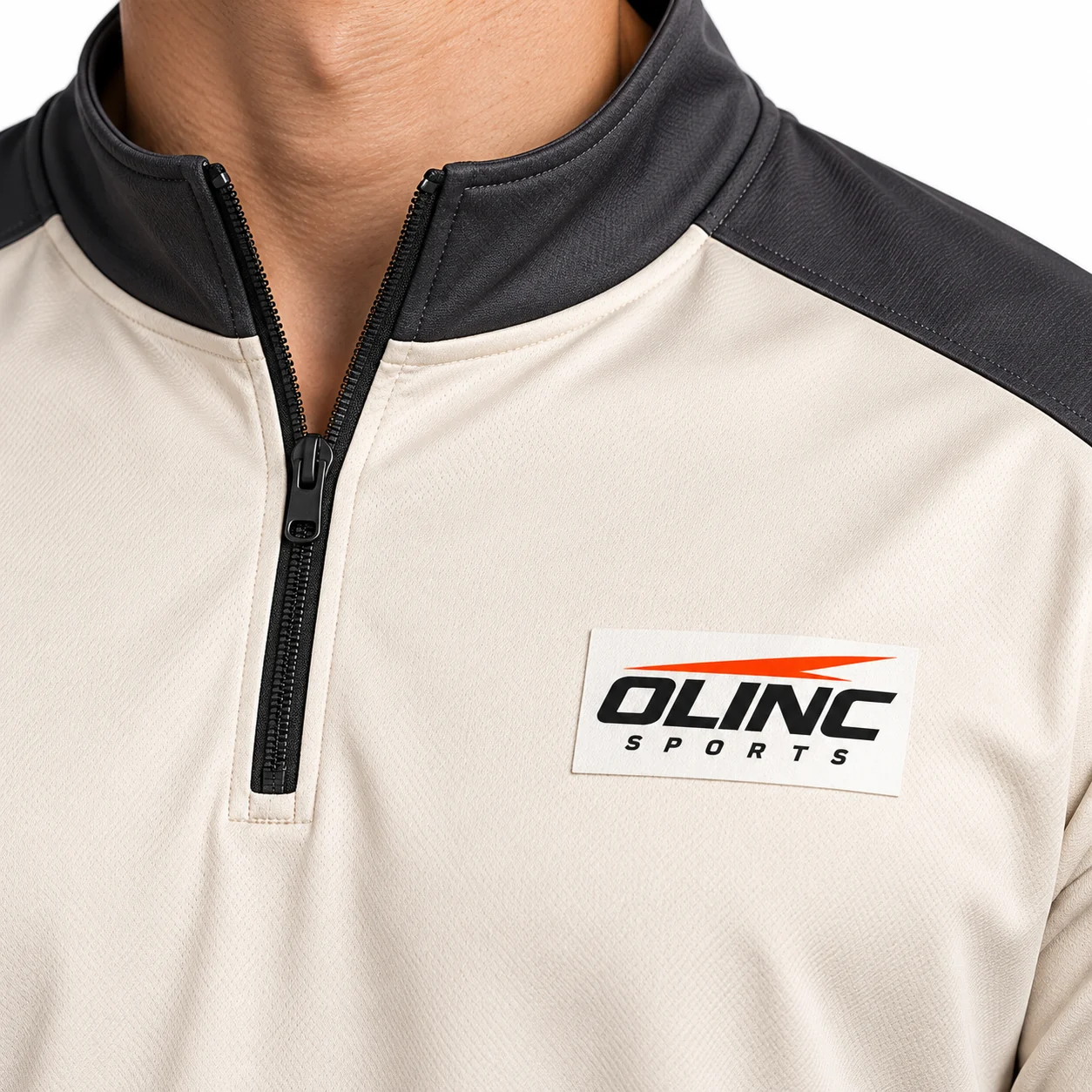 Esports Relay Quarter-Zip Jersey zoom design view showing bone torso, charcoal dropped-shoulder panels and terracotta lower-right graphics