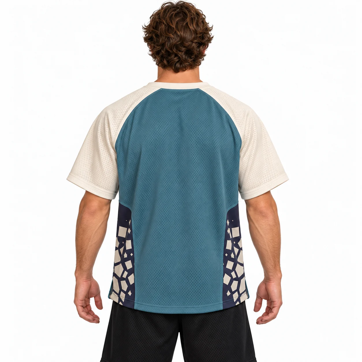 Lacrosse Breakwater Lace-Neck Jersey back design view showing dusty-teal body, bone shoulder yoke and ink-blue rectangular lower panels