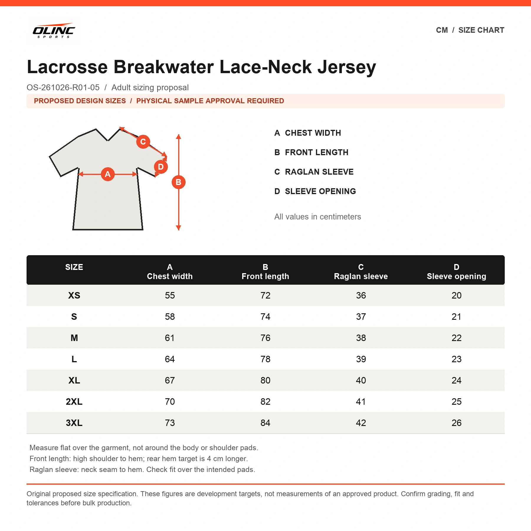 Lacrosse Breakwater Lace-Neck Jersey proposed numeric size chart in centimeters requiring physical sample approval