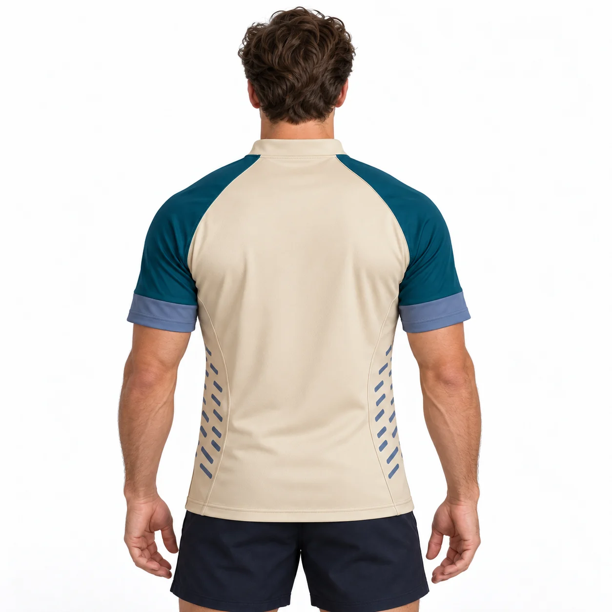 Rugby Keystone Stand-Collar Jersey back design view showing sand torso, deep-teal curved shoulder panels and slate-blue sleeve cuffs