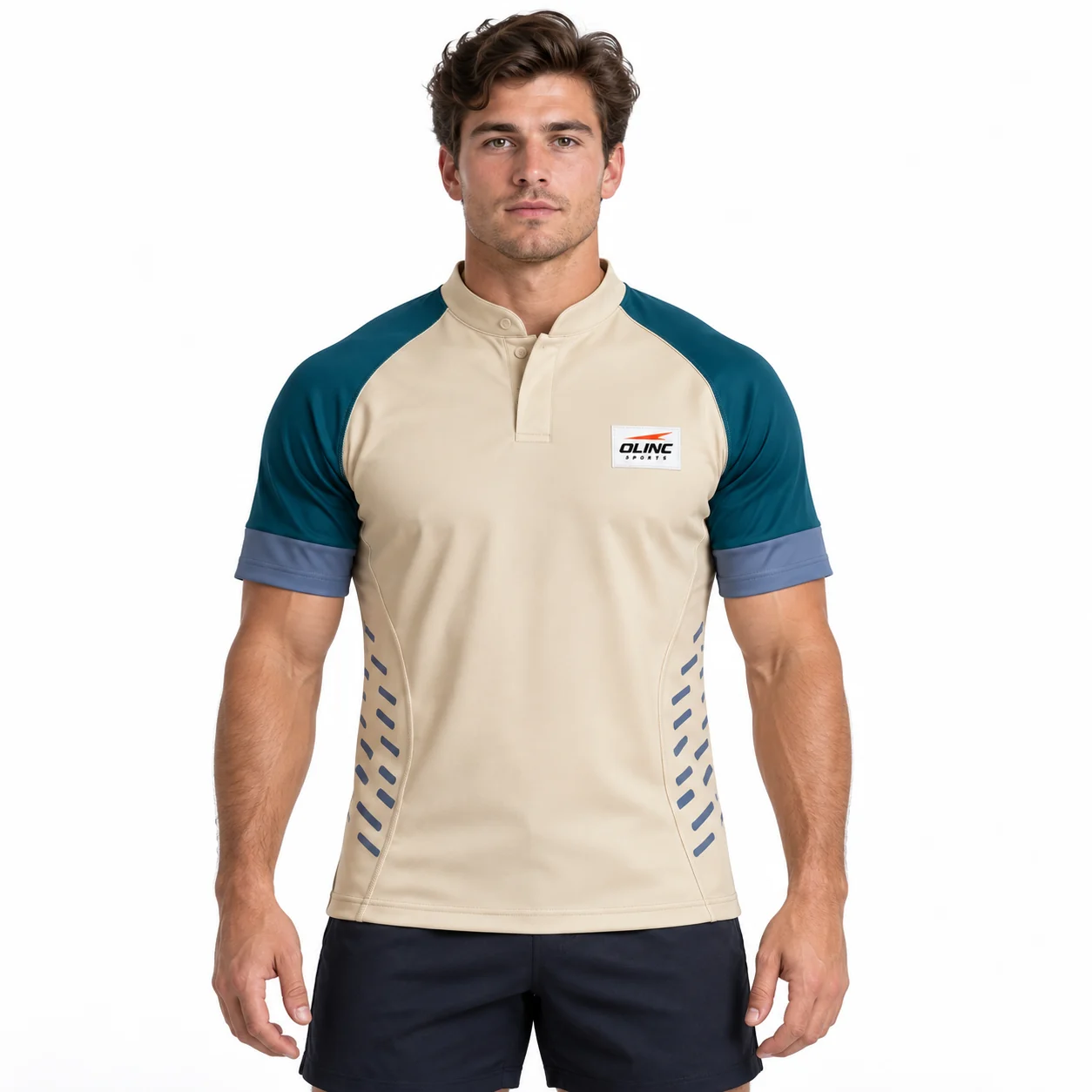 Rugby Keystone Stand-Collar Jersey front design view showing sand torso, deep-teal curved shoulder panels and slate-blue sleeve cuffs