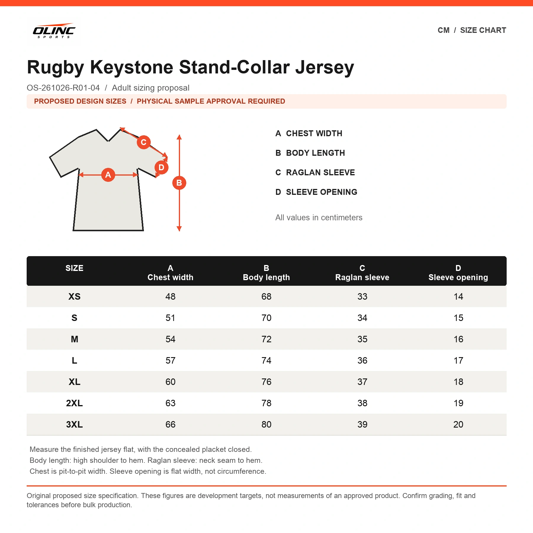 Rugby Keystone Stand-Collar Jersey proposed numeric size chart in centimeters requiring physical sample approval