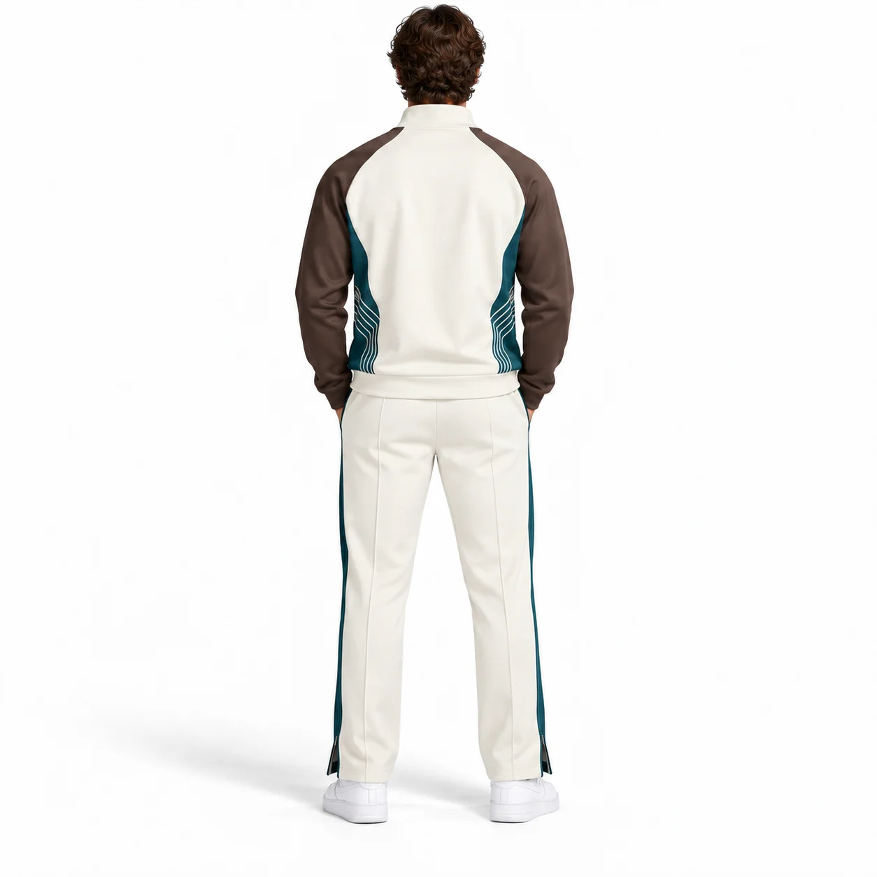 Tracksuit Crestline Half-Zip Set back design view showing bone top, steel-brown raglan sleeves and deep-teal side inserts; bone straight-leg trousers with deep-teal outer-leg panels