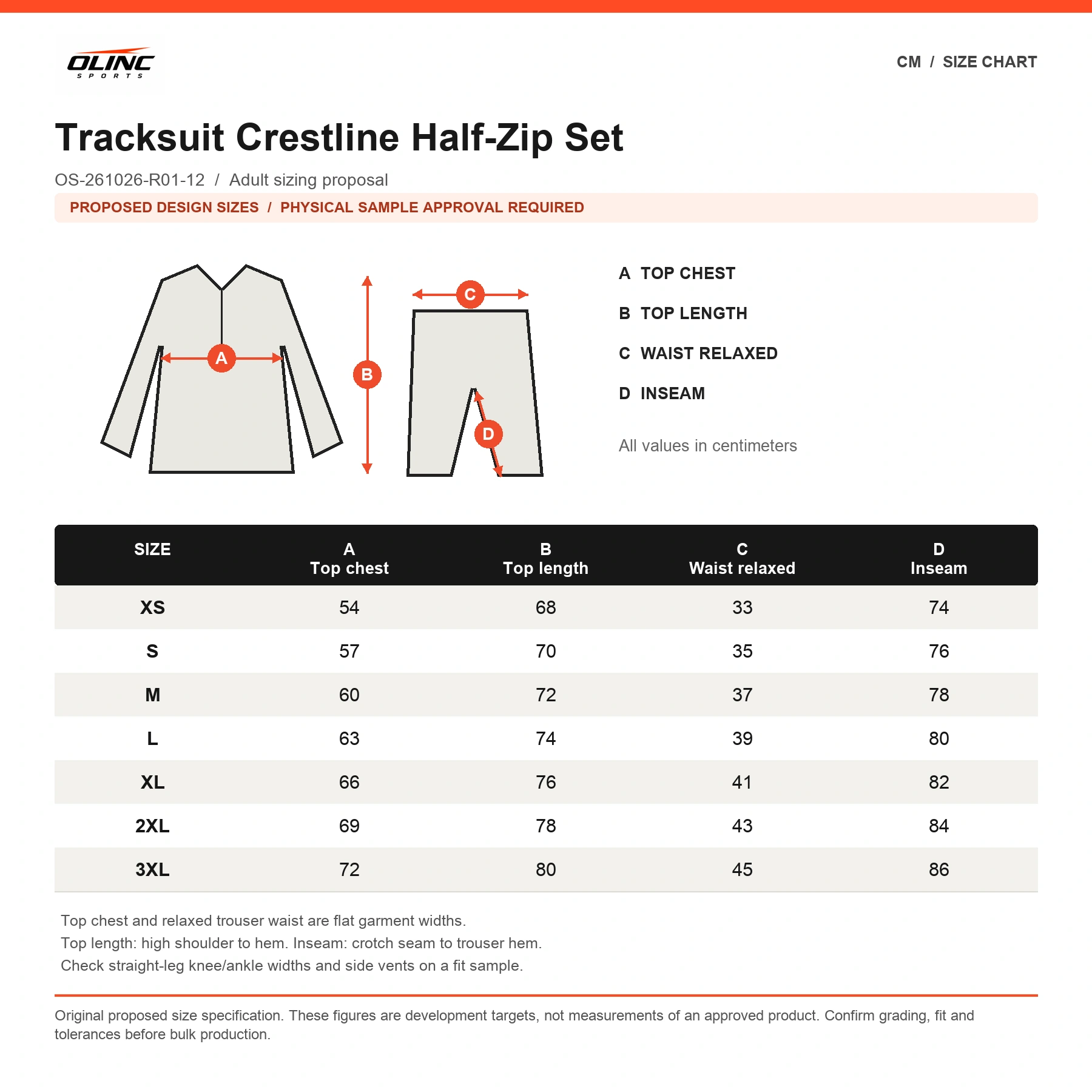 Tracksuit Crestline Half-Zip Set proposed numeric size chart in centimeters requiring physical sample approval