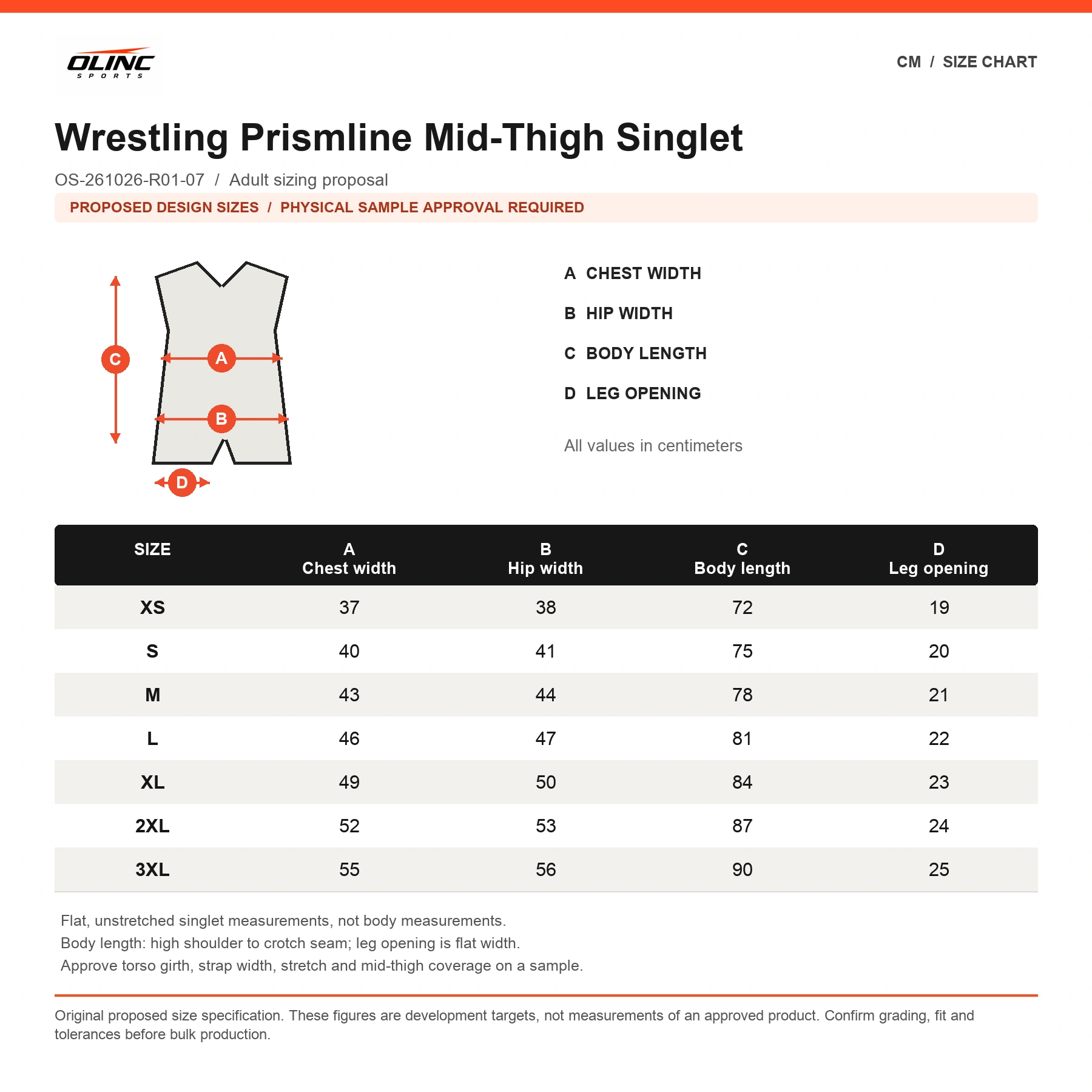 Wrestling Prismline Mid-Thigh Singlet proposed numeric size chart in centimeters requiring physical sample approval