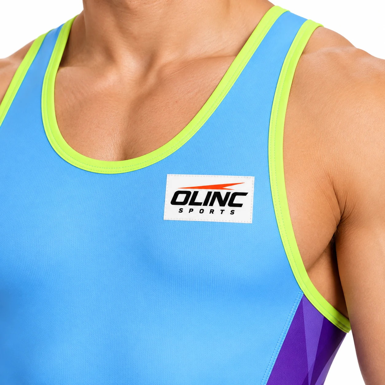 Wrestling Prismline Mid-Thigh Singlet zoom design view showing powder-blue torso, violet angular hip facets and acid-lime binding