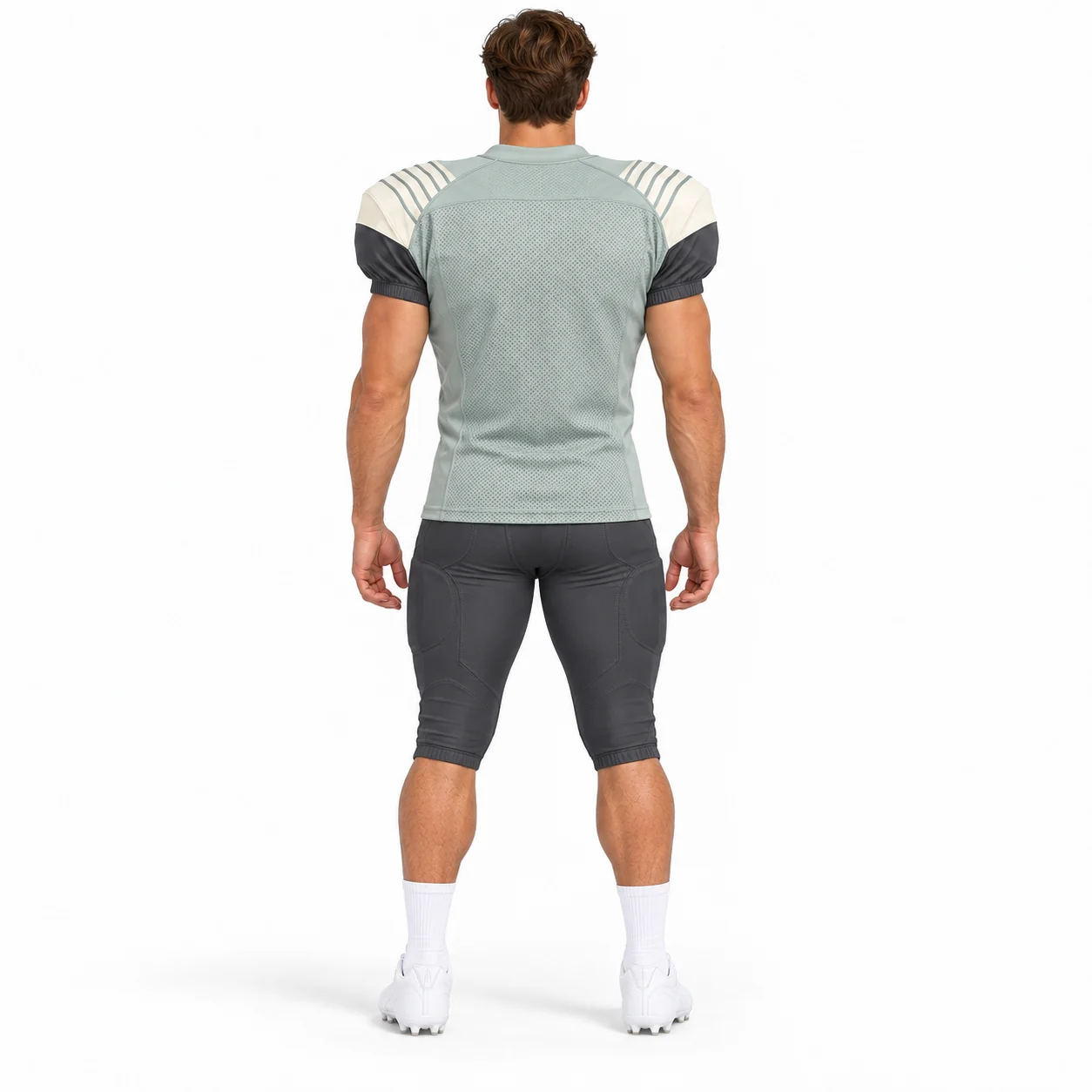 American Football Latch Practice Set back design view showing mint-gray jersey, ivory shoulder caps, graphite sleeve inserts and graphite knee-length pants