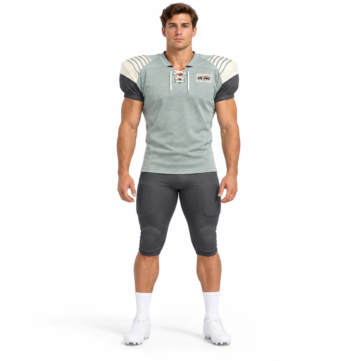 American Football Latch Practice Set front design view showing mint-gray jersey, ivory shoulder caps, graphite sleeve inserts and graphite knee-length pants