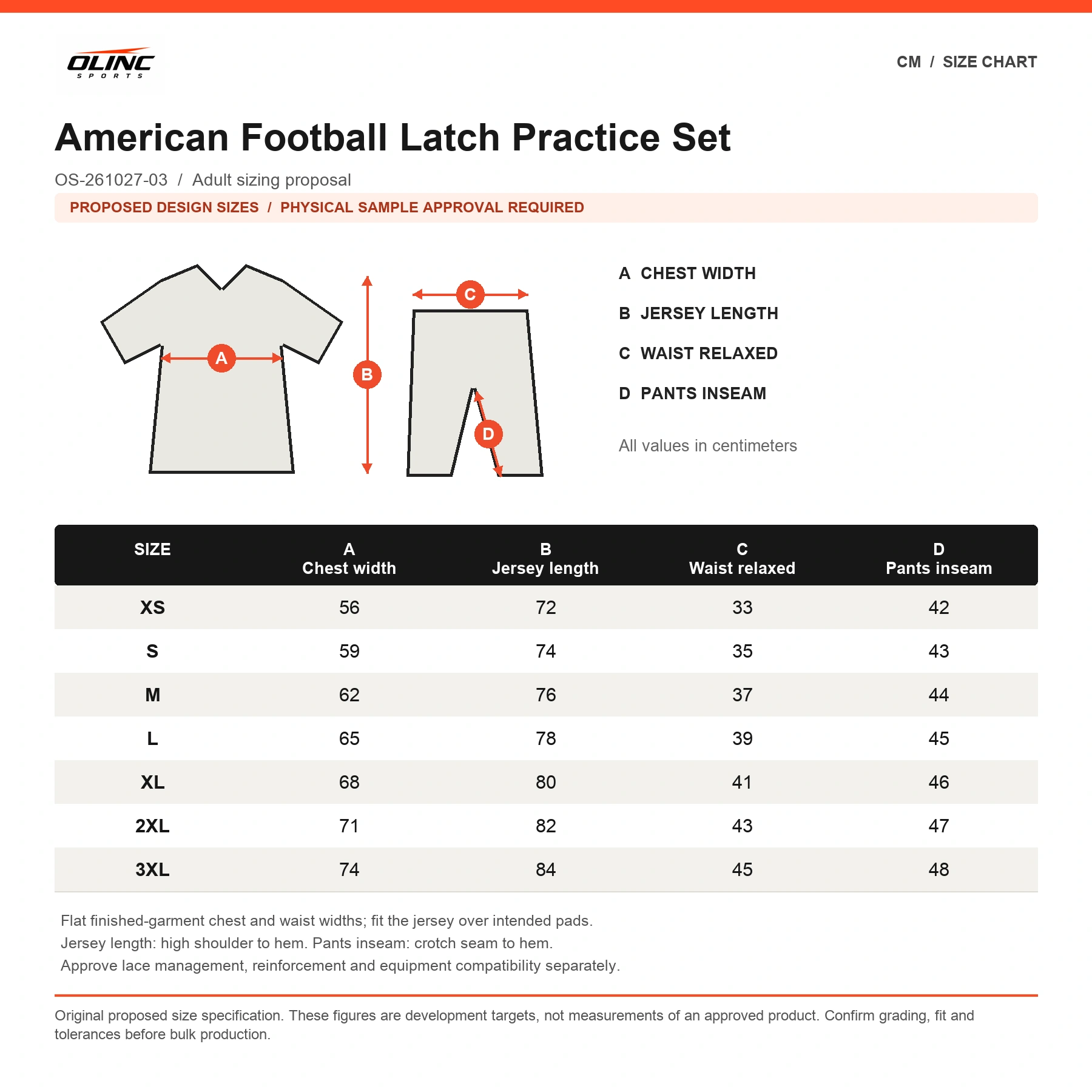 American Football Latch Practice Set original proposed numeric size chart in centimeters, subject to physical sample approval
