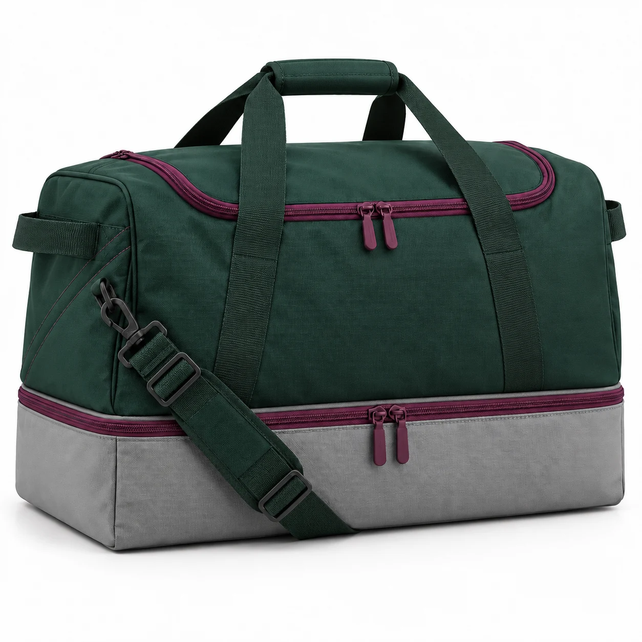 Bag Platform Split-Base Holdall back design view showing deep-green upper body, stone-gray full-width lower compartment and plum zipper trim