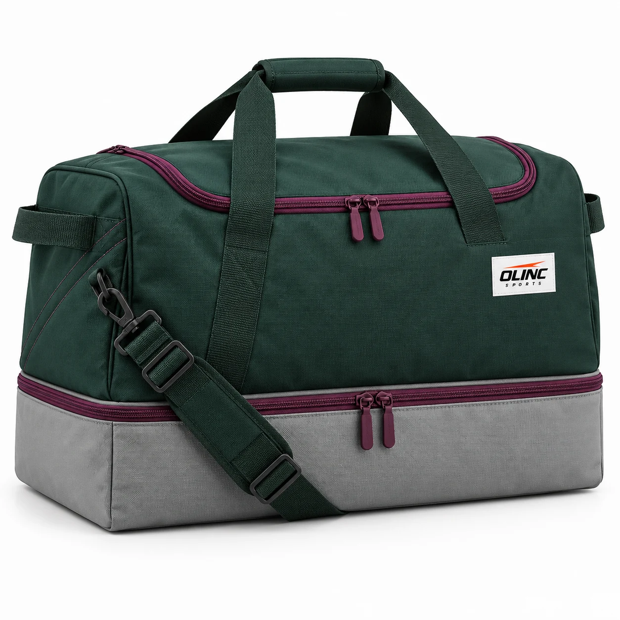 Bag Platform Split-Base Holdall front design view showing deep-green upper body, stone-gray full-width lower compartment and plum zipper trim