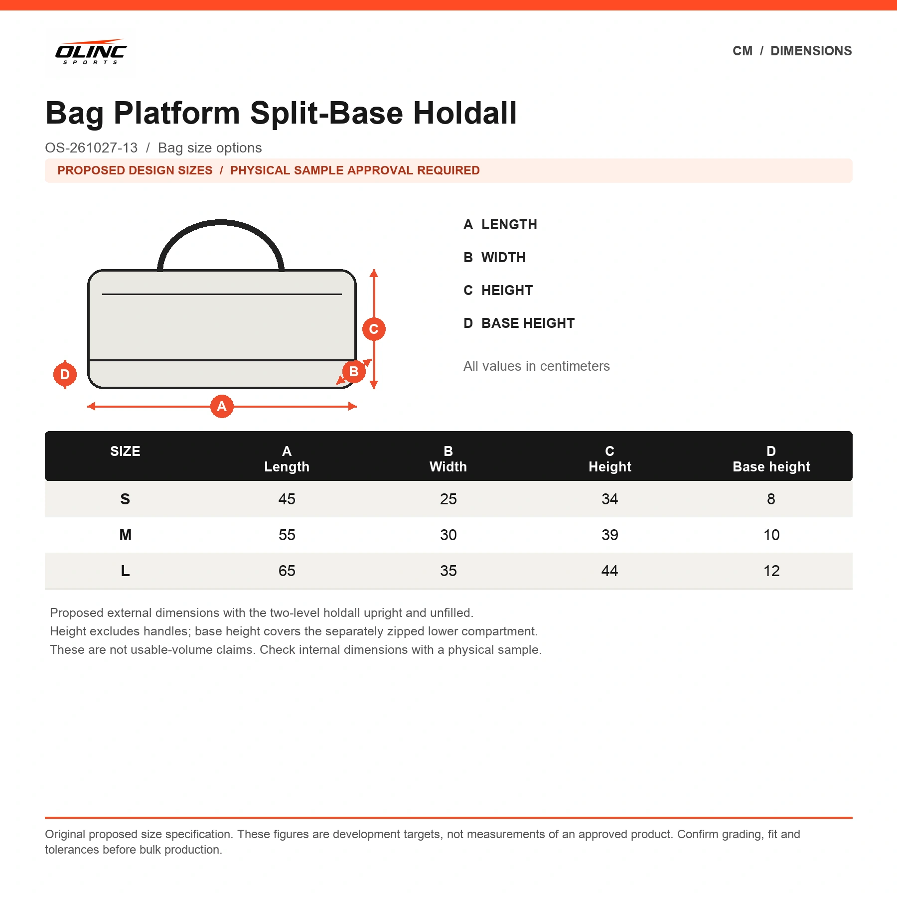 Bag Platform Split-Base Holdall original proposed numeric size chart in centimeters, subject to physical sample approval