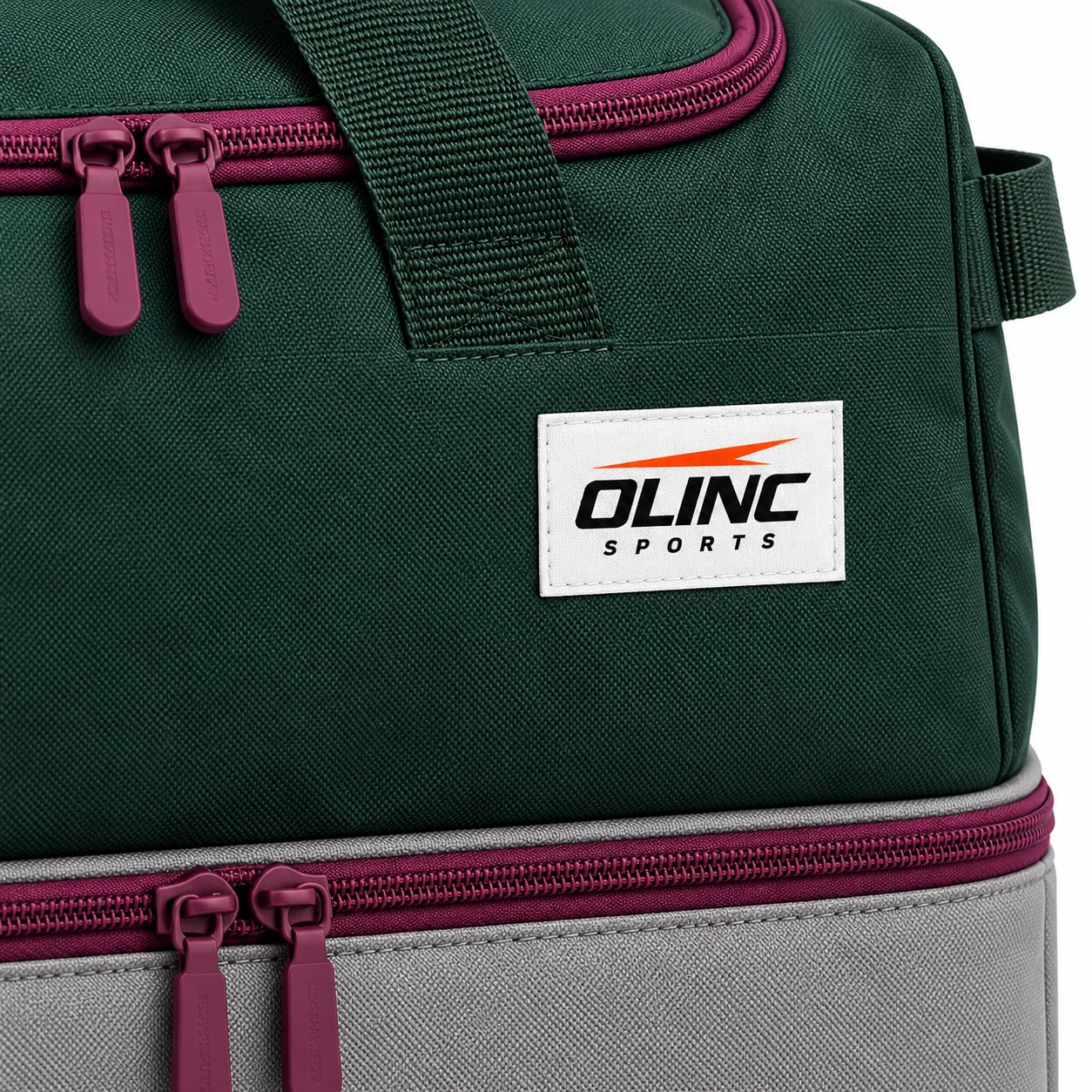 Bag Platform Split-Base Holdall zoom design view showing deep-green upper body, stone-gray full-width lower compartment and plum zipper trim
