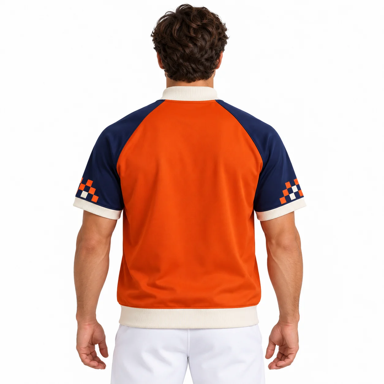 Baseball Meridian Zip Warmup back design view showing burnt-orange torso, navy raglan sleeves and ivory rib trims