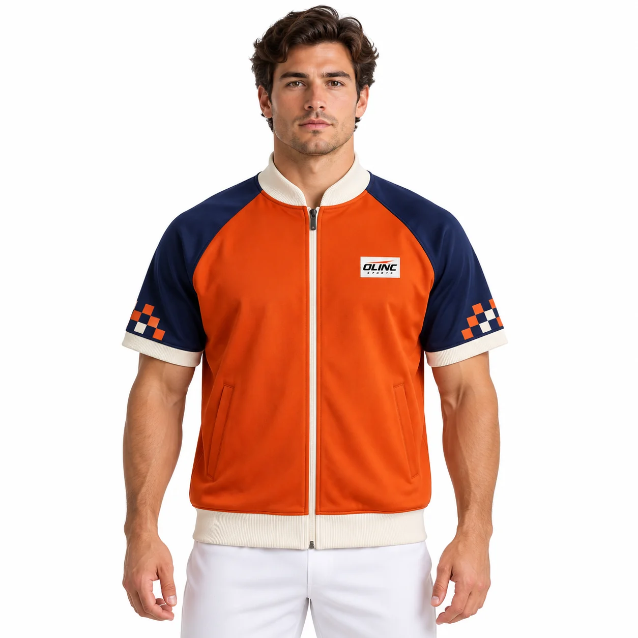 Baseball Meridian Zip Warmup front design view showing burnt-orange torso, navy raglan sleeves and ivory rib trims