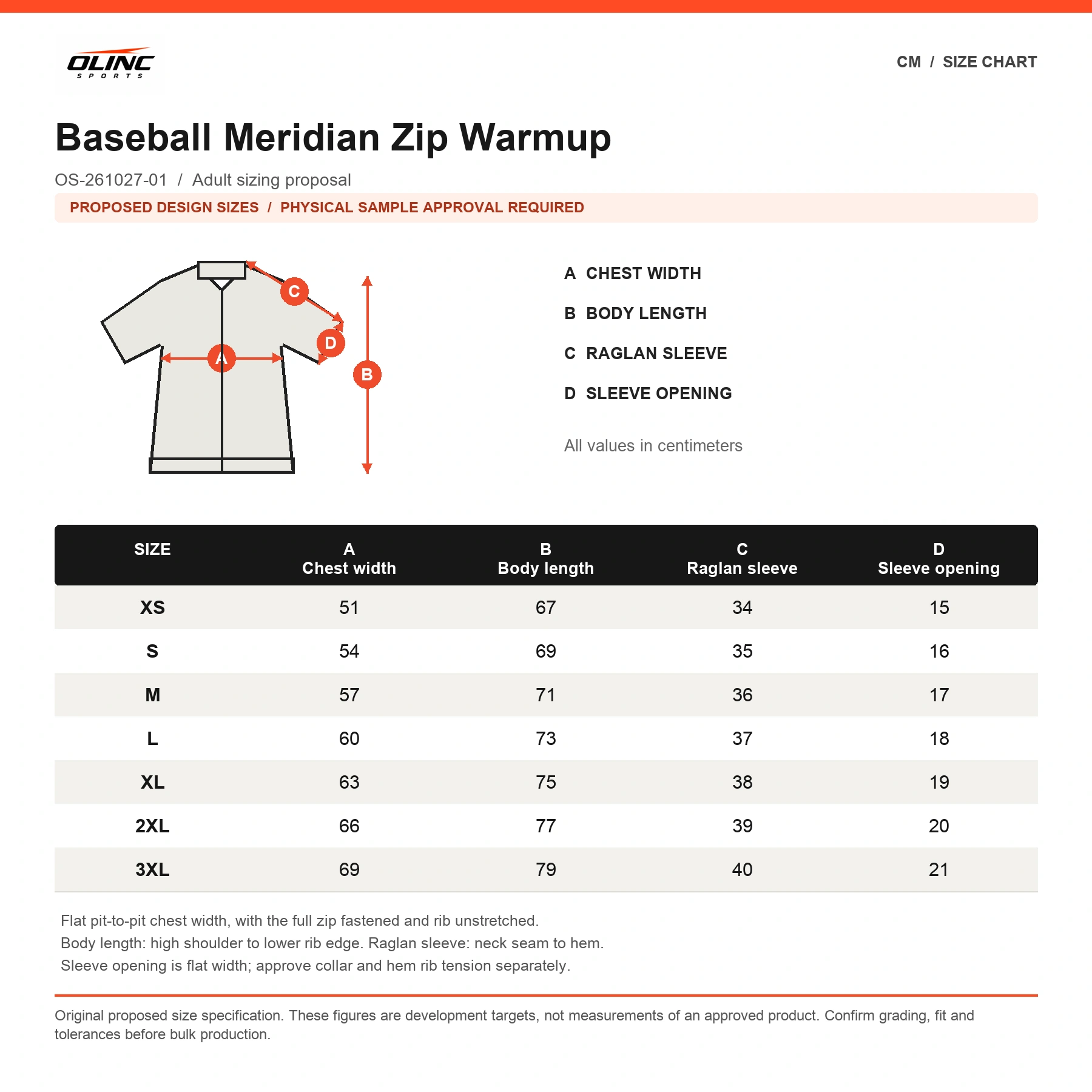 Baseball Meridian Zip Warmup original proposed numeric size chart in centimeters, subject to physical sample approval