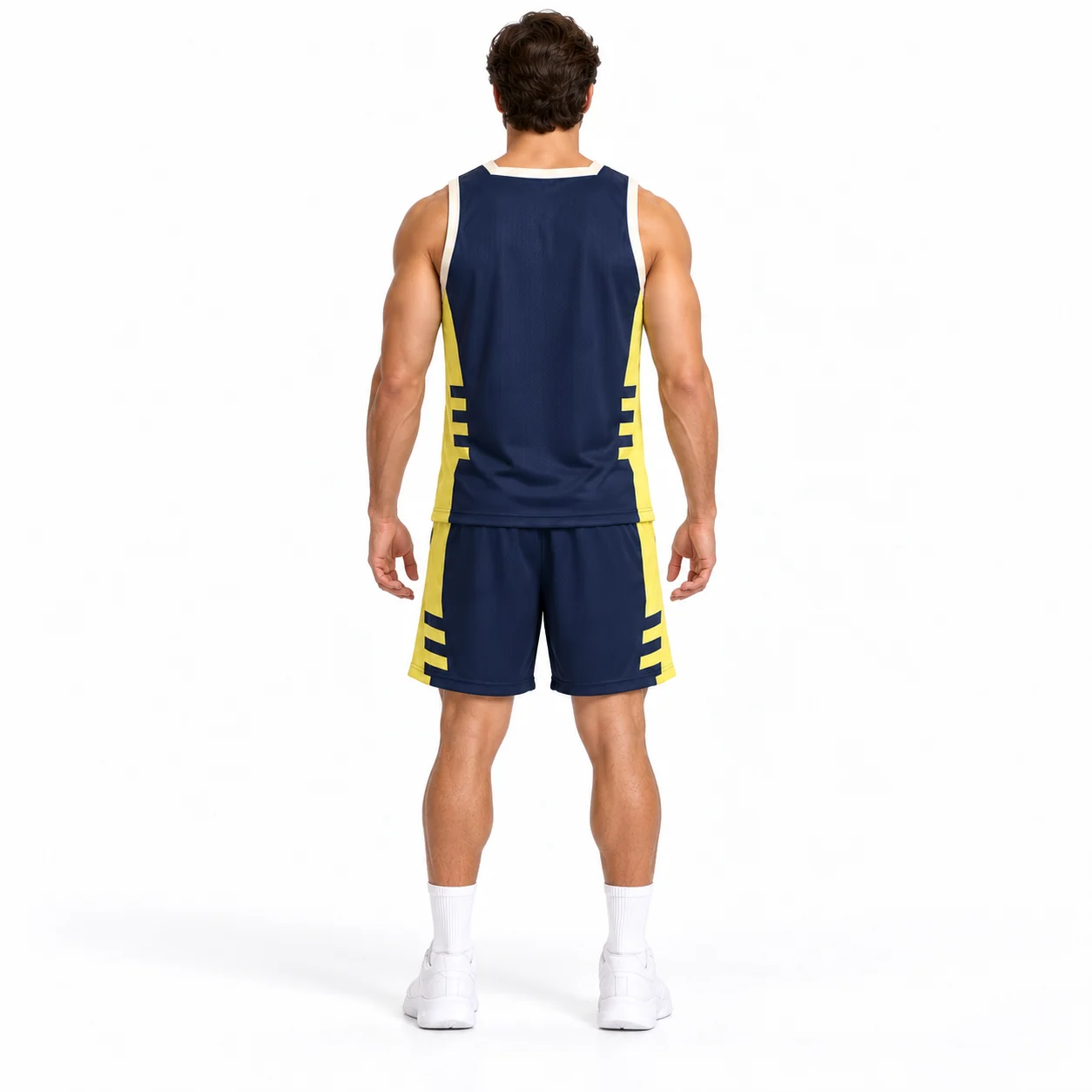 Basketball Quay Pocket Training Set back design view showing ink-navy jersey and shorts, lemongrass side blocks and ivory square-neck binding