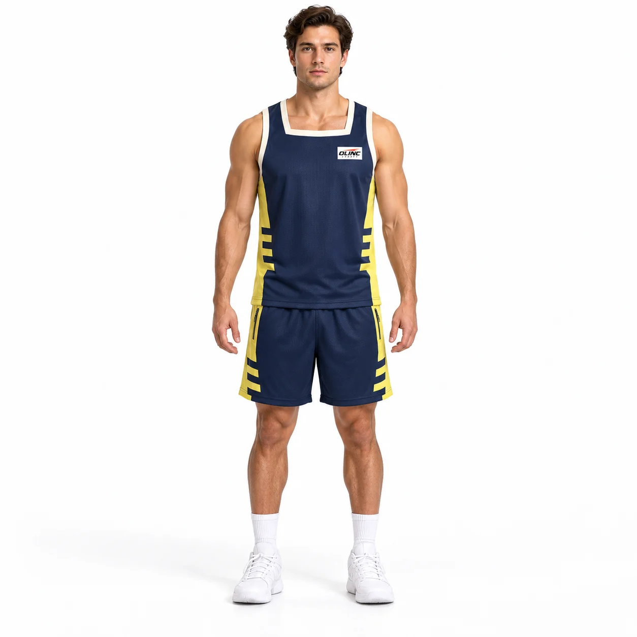 Basketball Quay Pocket Training Set front design view showing ink-navy jersey and shorts, lemongrass side blocks and ivory square-neck binding