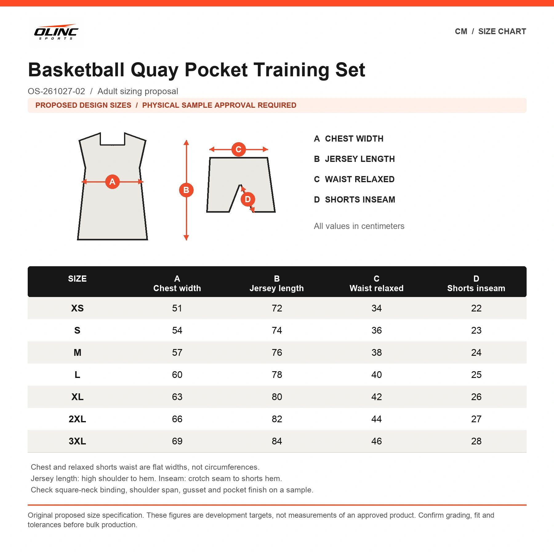 Basketball Quay Pocket Training Set original proposed numeric size chart in centimeters, subject to physical sample approval