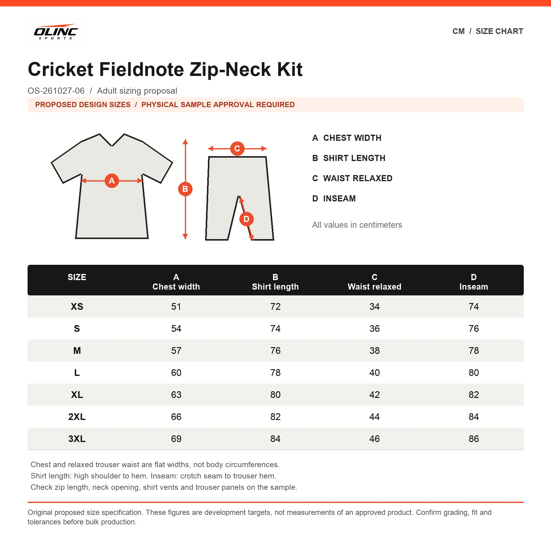 Cricket Fieldnote Zip-Neck Kit original proposed numeric size chart in centimeters, subject to physical sample approval