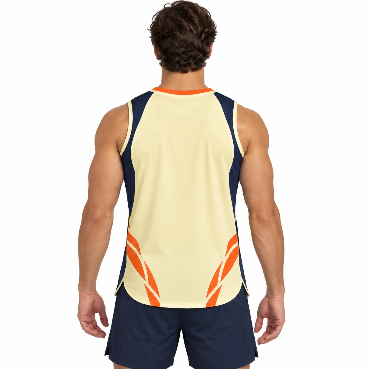 Handball Pulse Tank Training Top back design view showing bone-yellow body, ink-navy upper-side panels and muted-orange neck binding