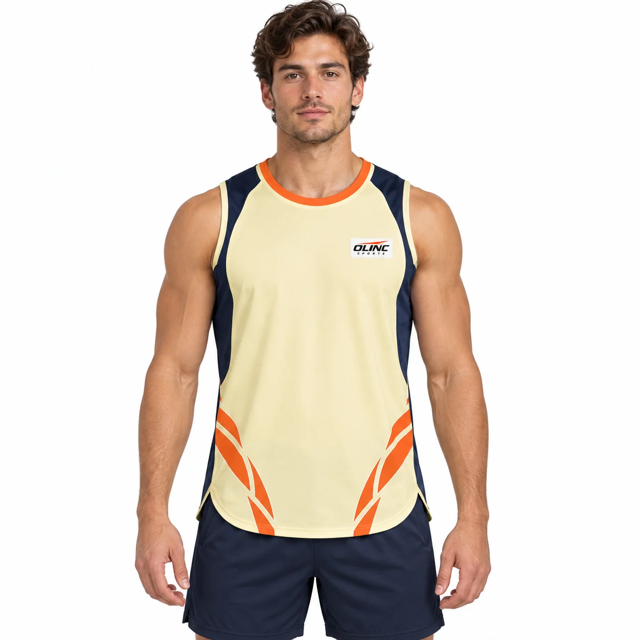 Handball Pulse Tank Training Top front design view showing bone-yellow body, ink-navy upper-side panels and muted-orange neck binding
