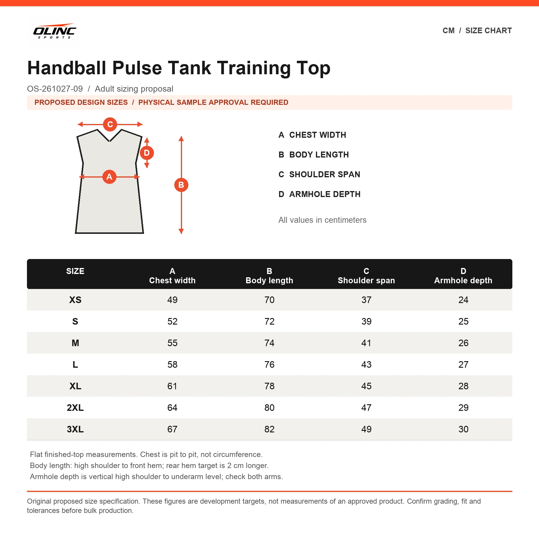 Handball Pulse Tank Training Top original proposed numeric size chart in centimeters, subject to physical sample approval
