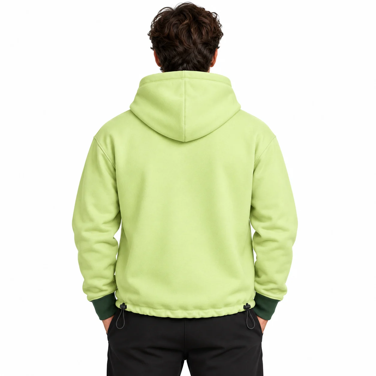 Hoodie Haven Crossover Pocket Top back design view showing pale-lime body, forest-green cuff panels and charcoal hood lining
