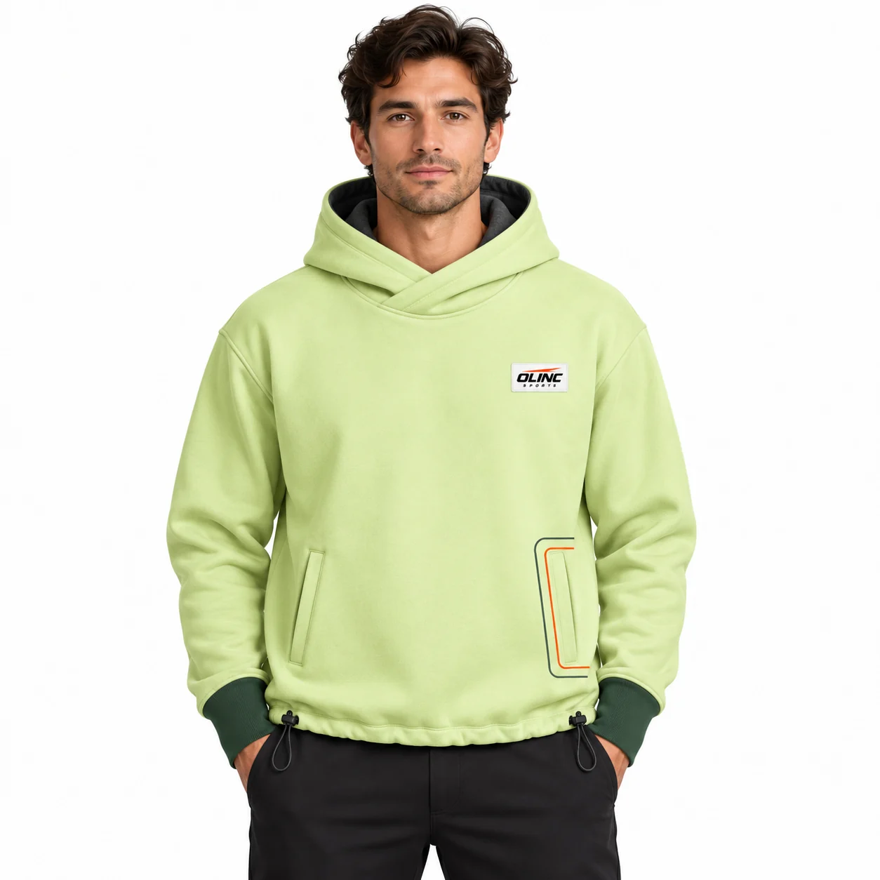 Hoodie Haven Crossover Pocket Top front design view showing pale-lime body, forest-green cuff panels and charcoal hood lining