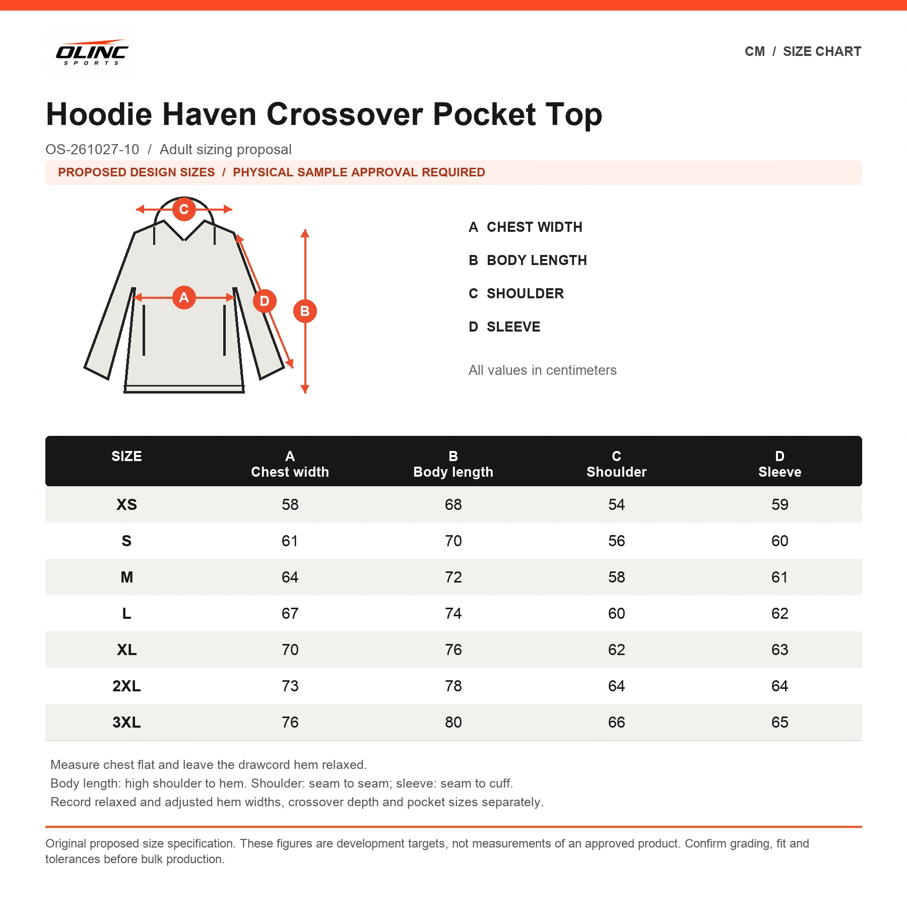 Hoodie Haven Crossover Pocket Top original proposed numeric size chart in centimeters, subject to physical sample approval