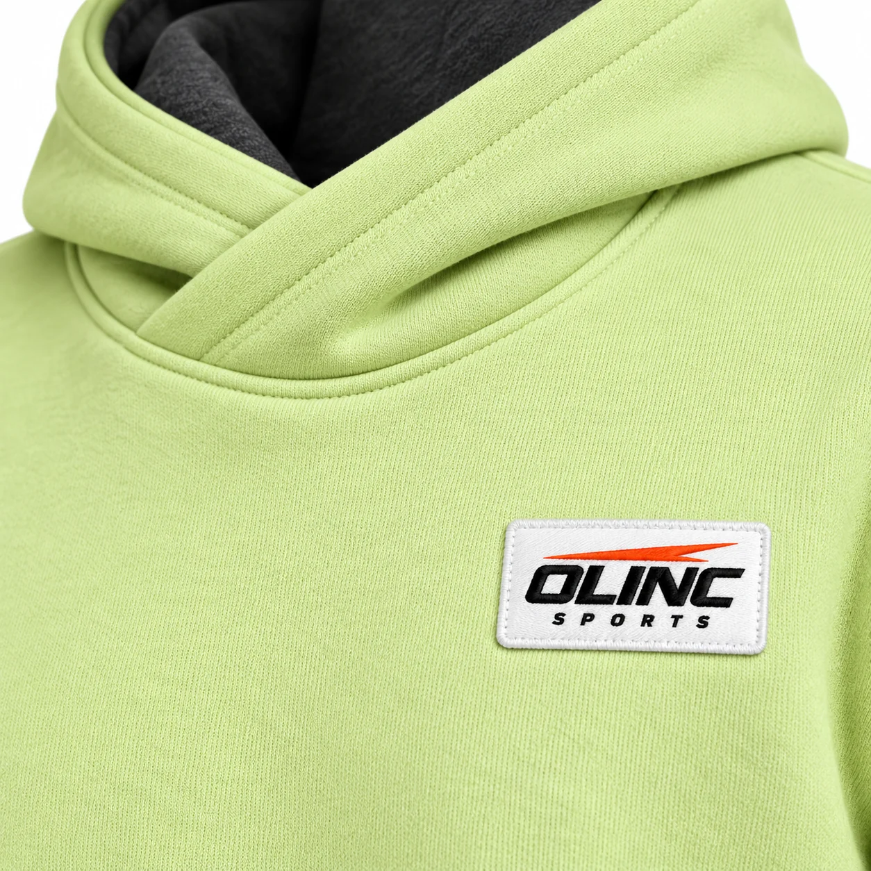 Hoodie Haven Crossover Pocket Top zoom design view showing pale-lime body, forest-green cuff panels and charcoal hood lining
