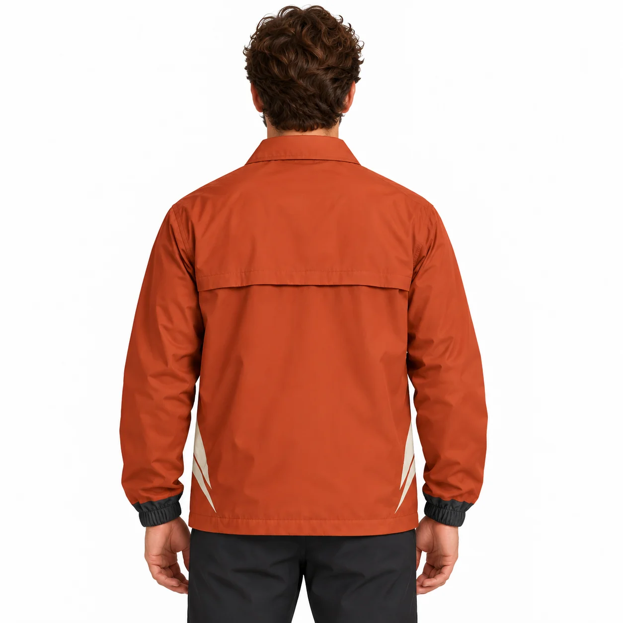 Jacket Drift Snap Coach Shell back design view showing terracotta body, ivory rear storm-yoke panel and charcoal cuffs