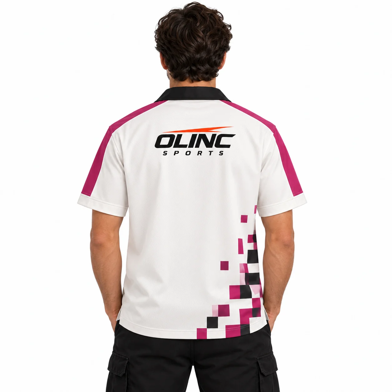 Esports Switchboard Button Jersey back design view showing off-white body, black camp collar and muted-magenta shoulder and pocket-edge panels
