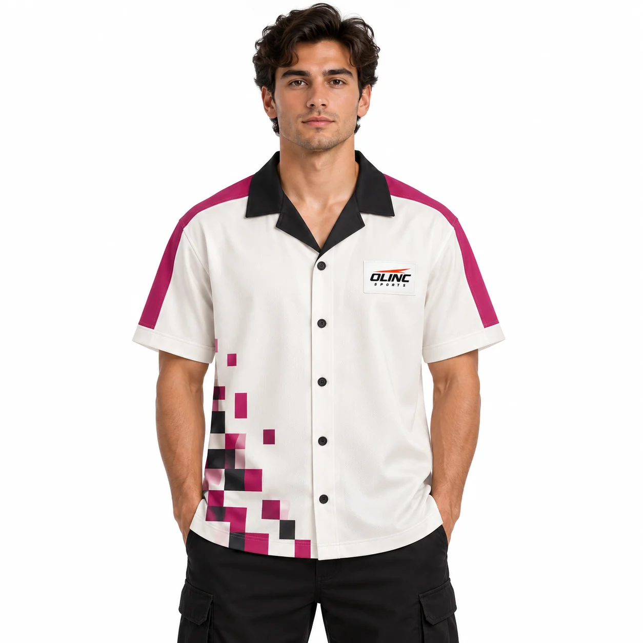 Esports Switchboard Button Jersey front design view showing off-white body, black camp collar and muted-magenta shoulder and pocket-edge panels