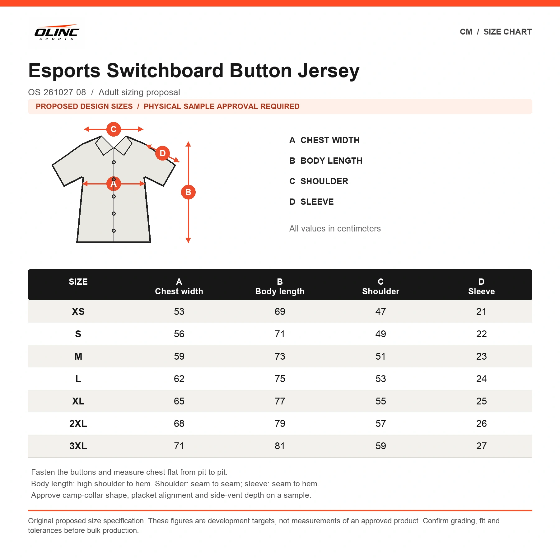 Esports Switchboard Button Jersey original proposed numeric size chart in centimeters, subject to physical sample approval