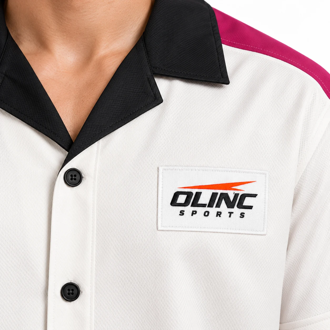 Esports Switchboard Button Jersey zoom design view showing off-white body, black camp collar and muted-magenta shoulder and pocket-edge panels