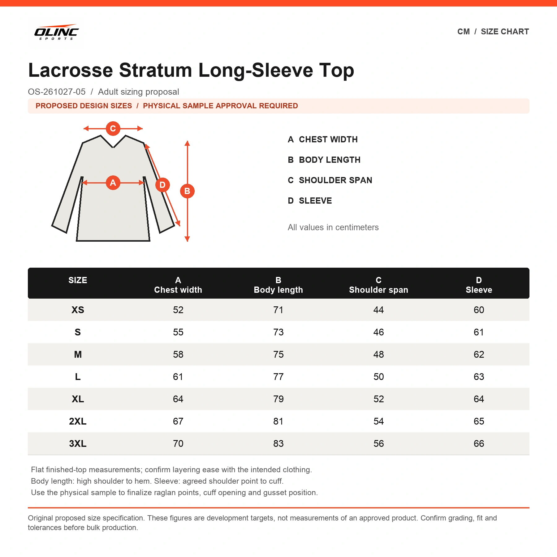 Lacrosse Stratum Long-Sleeve Top original proposed numeric size chart in centimeters, subject to physical sample approval
