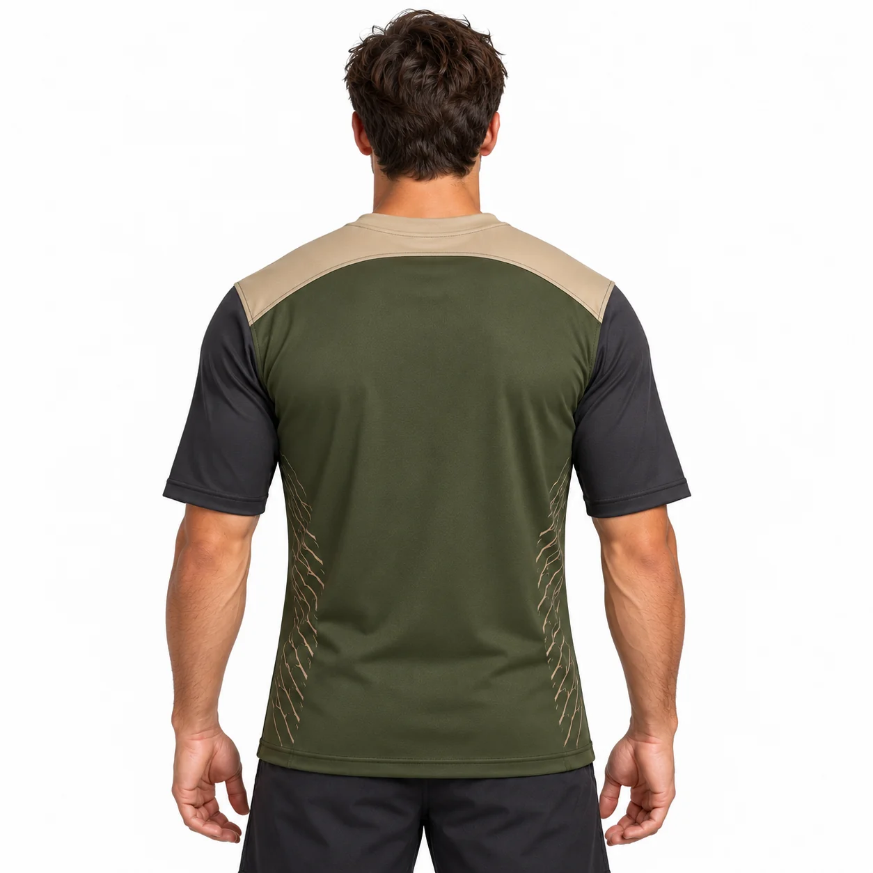 Rugby Arcfoil Crew Panel Jersey back design view showing dark-olive torso, sand saddle-shaped upper yoke and charcoal elbow-length sleeve ends