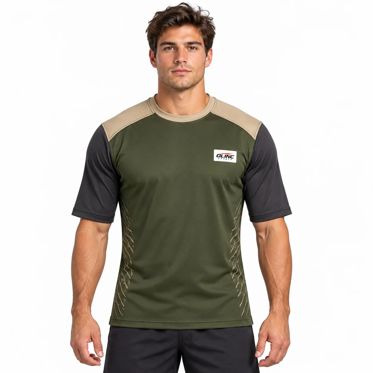 Rugby Arcfoil Crew Panel Jersey front design view showing dark-olive torso, sand saddle-shaped upper yoke and charcoal elbow-length sleeve ends
