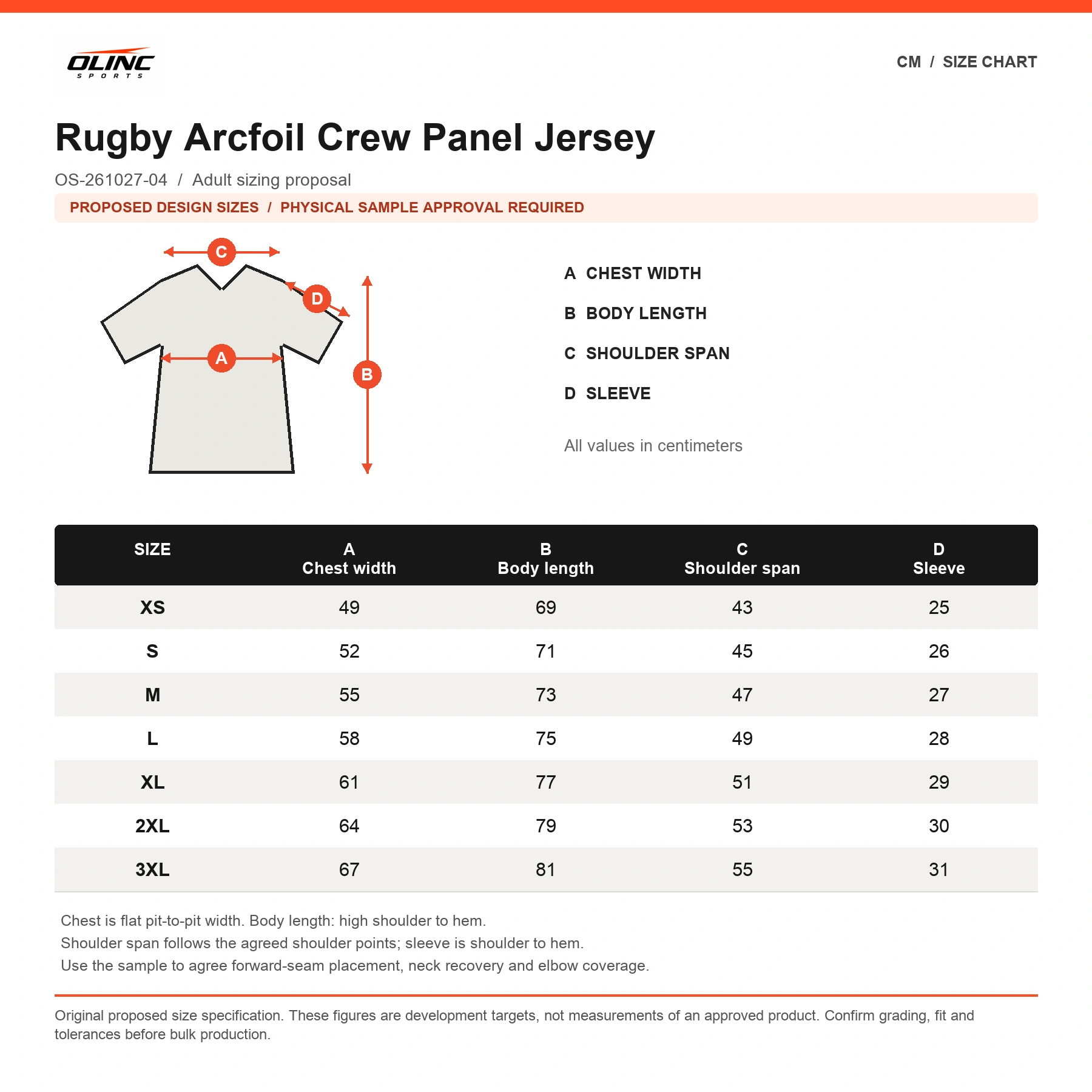 Rugby Arcfoil Crew Panel Jersey original proposed numeric size chart in centimeters, subject to physical sample approval
