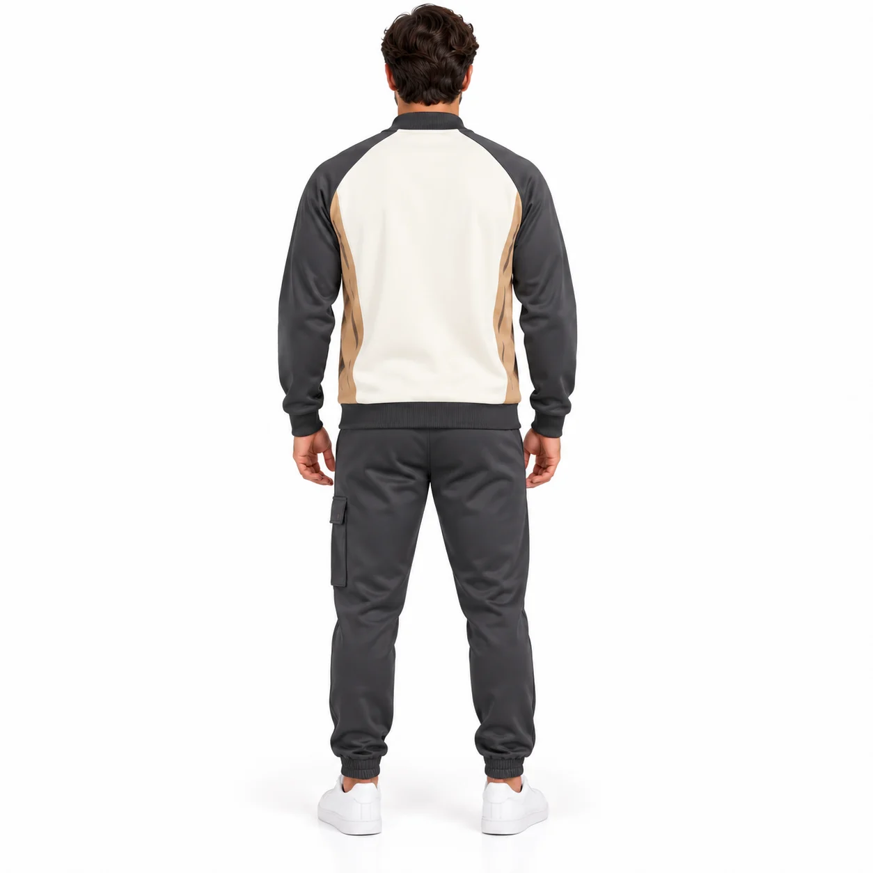 Tracksuit Station Rib-Collar Set back design view showing ivory bomber-style jacket, charcoal sleeves and tan side inset panels; charcoal cuffed cargo trousers