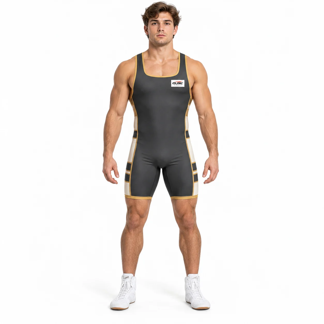 Wrestling Quadrant Square-Neck Singlet front design view showing charcoal base, ivory rectangular hip sections and muted-gold binding