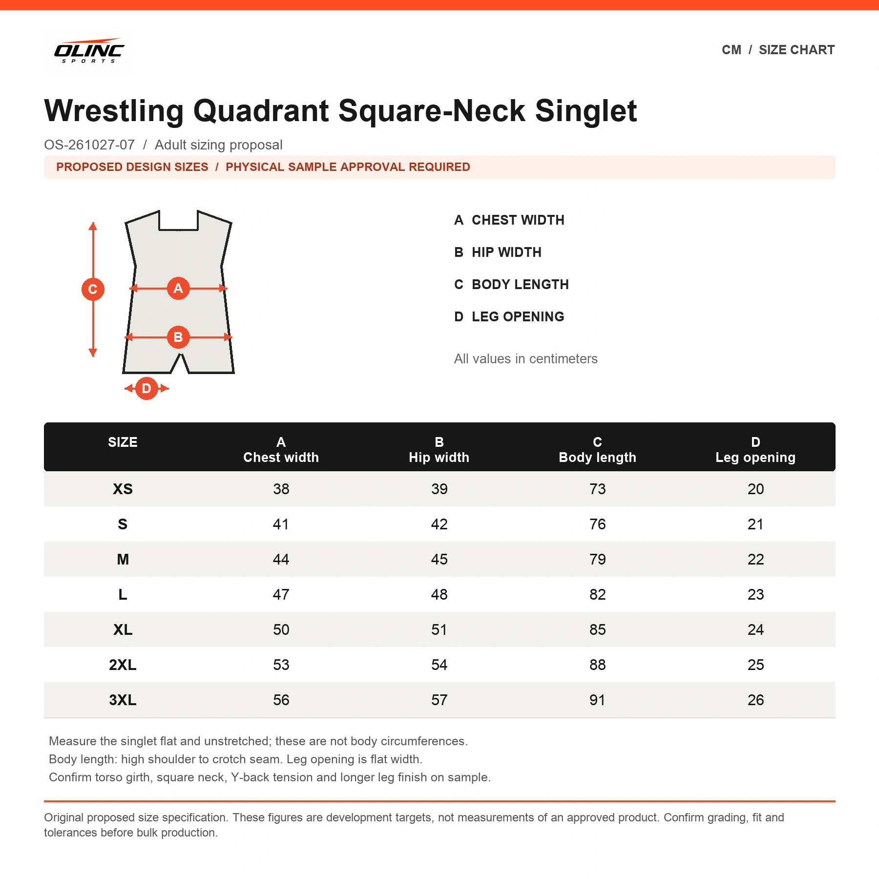 Wrestling Quadrant Square-Neck Singlet original proposed numeric size chart in centimeters, subject to physical sample approval
