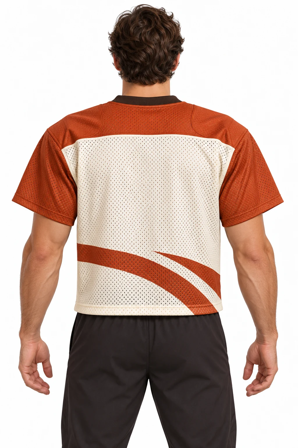 American Football Ramp Mesh Jersey back design visualization: burnt sienna shoulders, cream open-mesh body and dark brown rib neck
