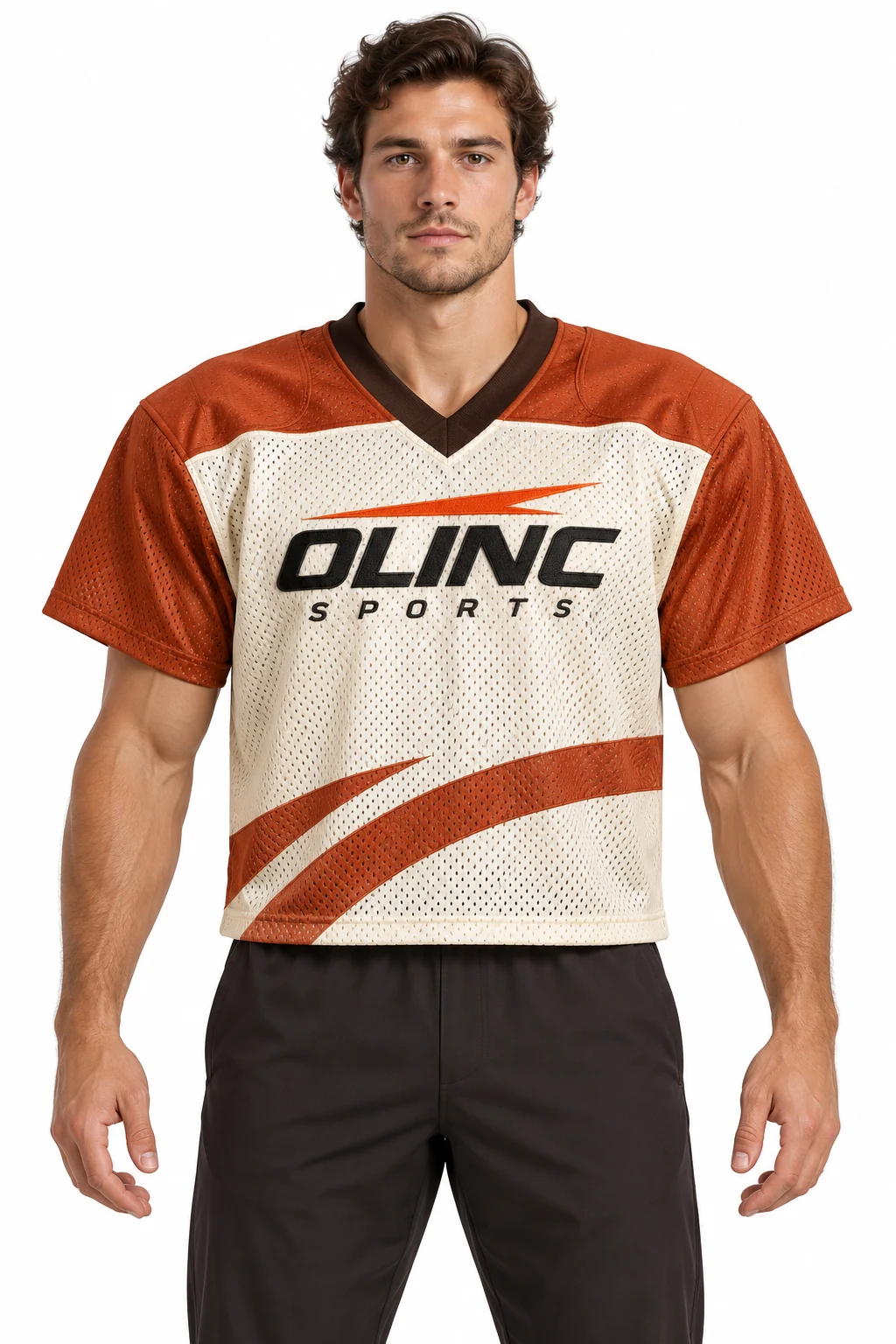 American Football Ramp Mesh Jersey front design visualization: burnt sienna shoulders, cream open-mesh body and dark brown rib neck