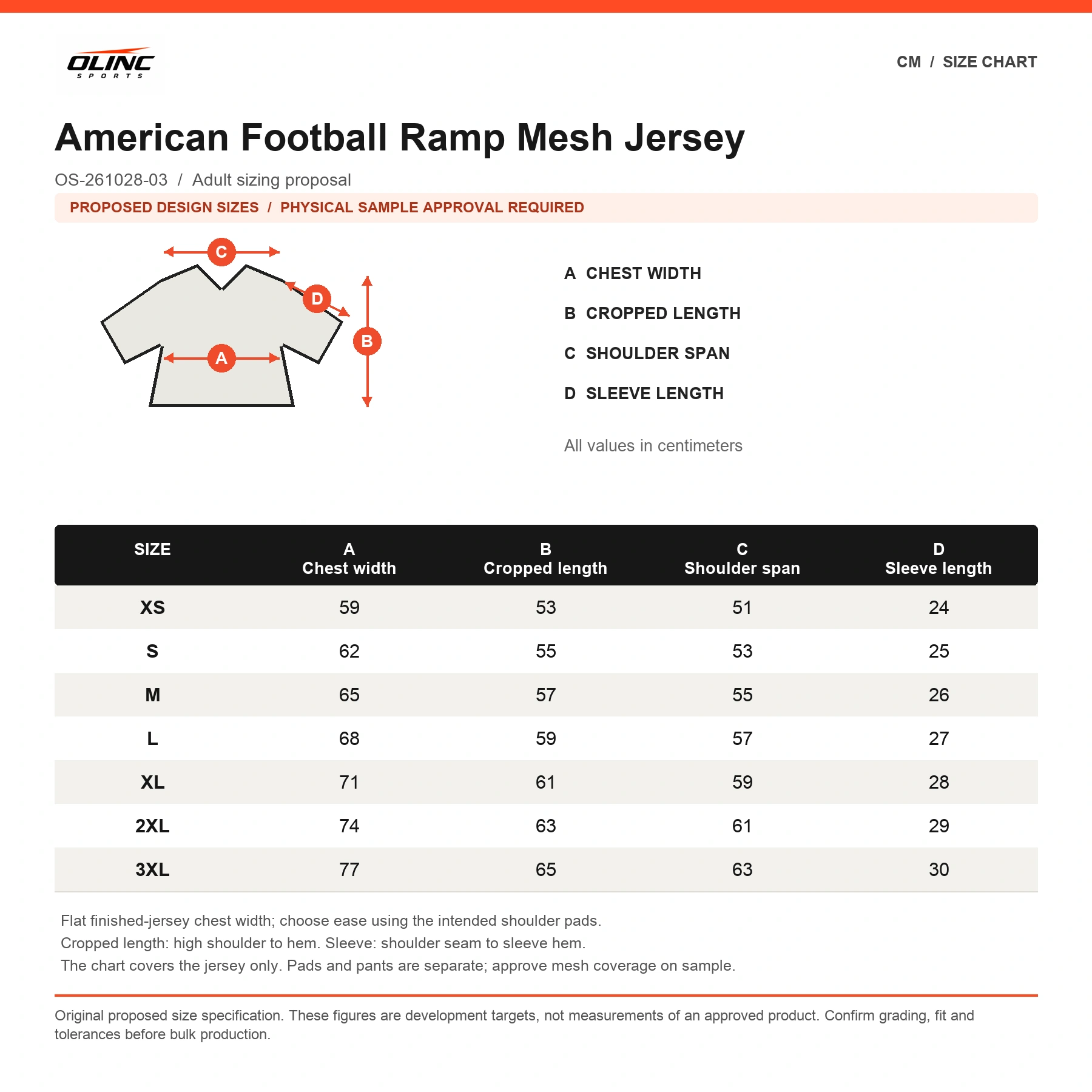 American Football Ramp Mesh Jersey proposed numeric size chart in cm with labeled technical measurement illustration