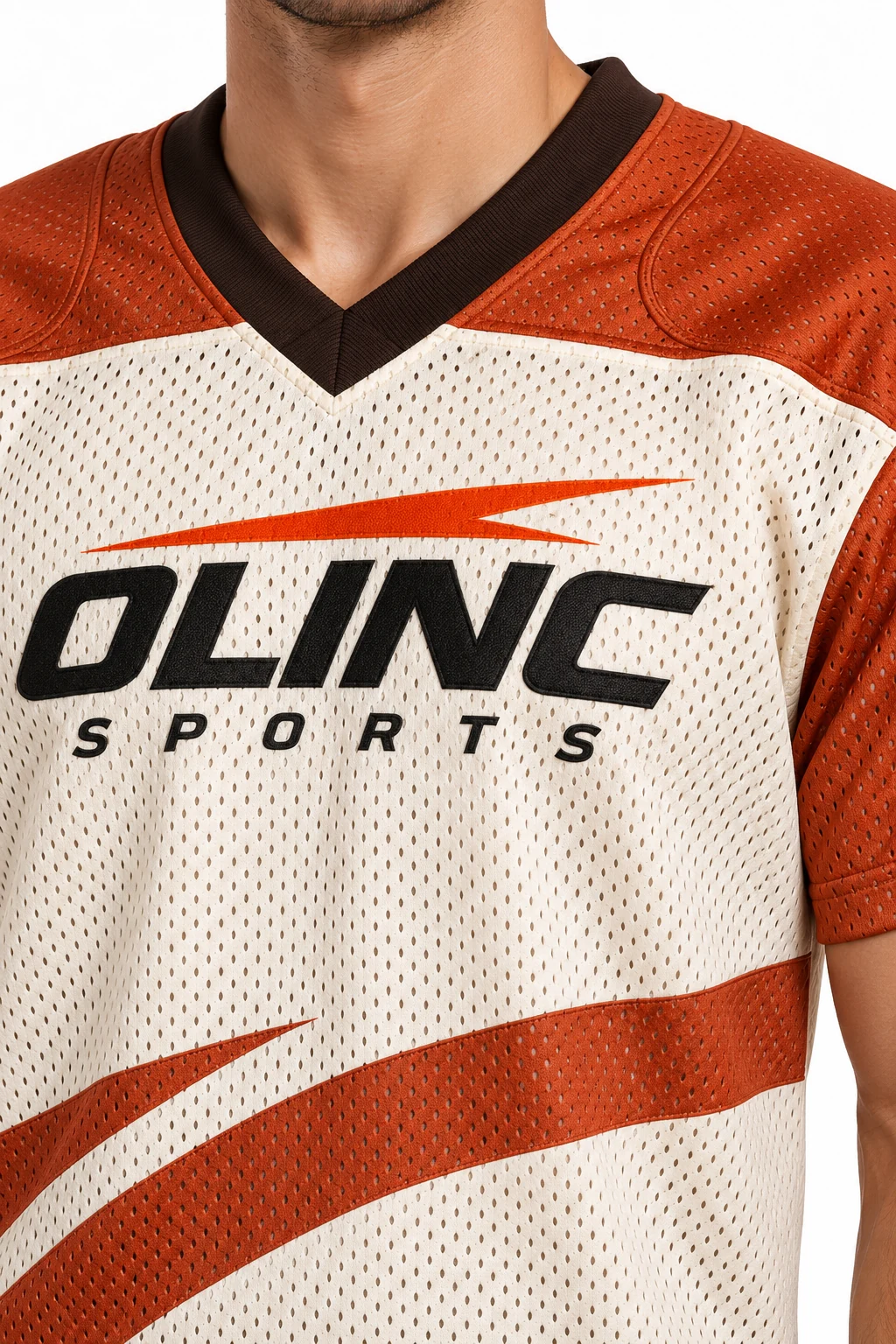 American Football Ramp Mesh Jersey zoom design visualization: burnt sienna shoulders, cream open-mesh body and dark brown rib neck