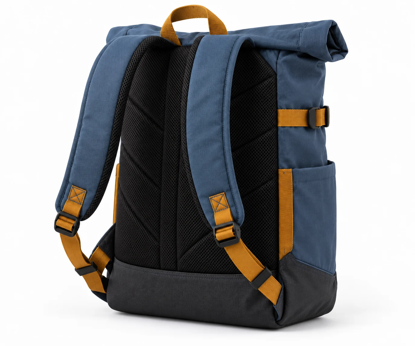 Bag Ridgeline Rolltop Team Pack back design visualization: slate blue body, charcoal base and ochre webbing